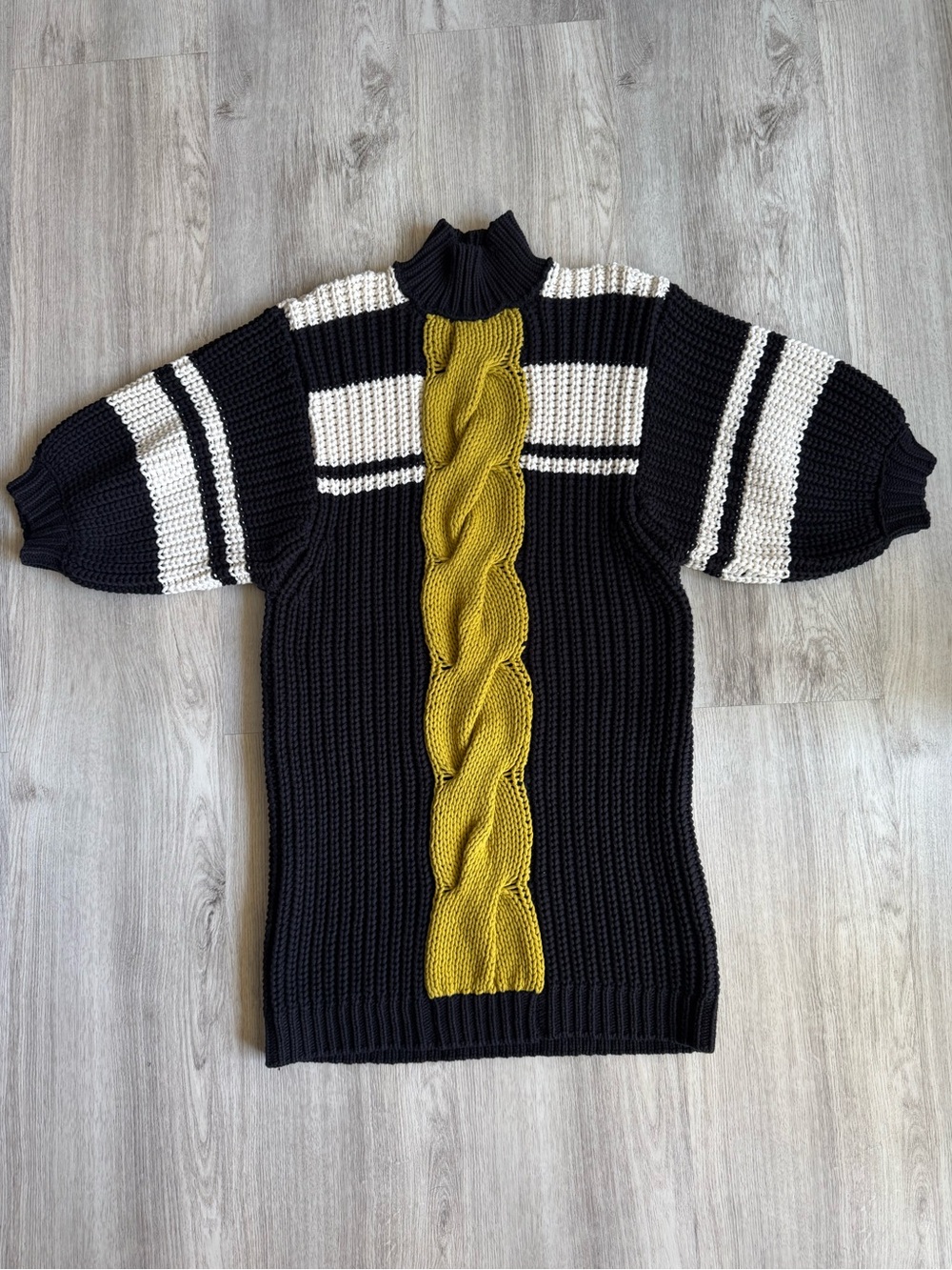 Free People Color Block Chunky Knit Sweater Balloon Sleeve Mock Neck Mini Dress
